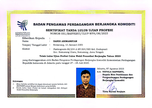 Sertifikat WPA Dandi Arimansyah Resmi BAPPEBTI